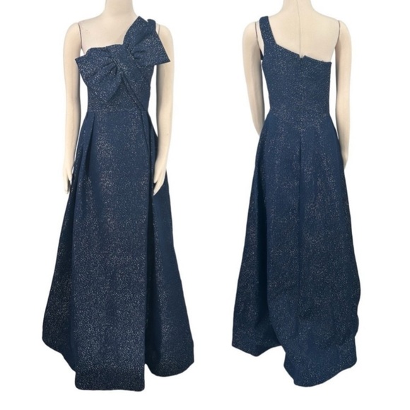 Teri Jon By Rickie Freeman Asymmetric Bow Metallic Sparkle Jacquard Maxi Gown - Picture 6 of 12